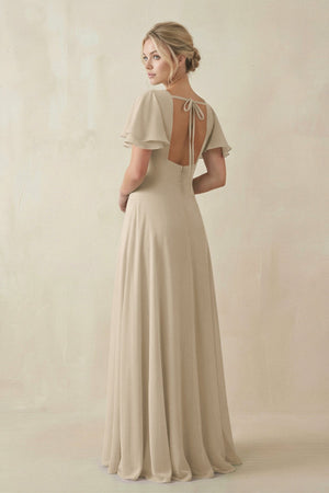 V - Neck Ruffled Short Sleeves A - Line Bridesmaid Dress in Champagne - SHE IS ME Bridesmaid Dresses