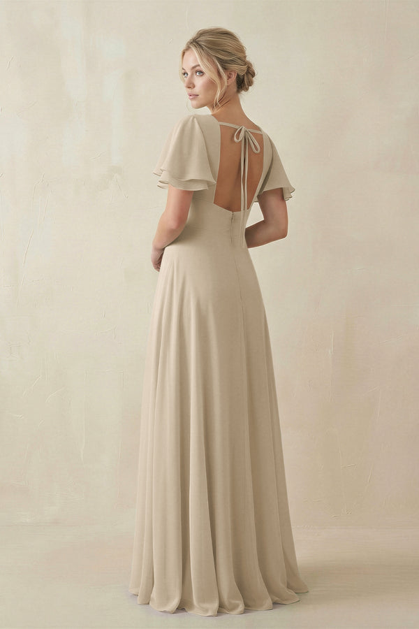 V - Neck Ruffled Short Sleeves A - Line Bridesmaid Dress in Champagne - SHE IS ME Bridesmaid Dresses
