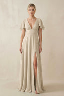 V - Neck Ruffled Short Sleeves A - Line Bridesmaid Dress in Champagne - SHE IS ME Bridesmaid Dresses