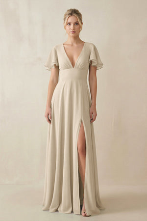 V - Neck Ruffled Short Sleeves A - Line Bridesmaid Dress in Champagne - SHE IS ME Bridesmaid Dresses