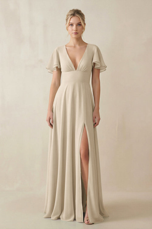 V - Neck Ruffled Short Sleeves A - Line Bridesmaid Dress in Champagne - SHE IS ME Bridesmaid Dresses