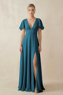 V - Neck Ruffled Short Sleeves A - Line Bridesmaid Dress in Dark Teal - SHE IS ME Bridesmaid Dresses