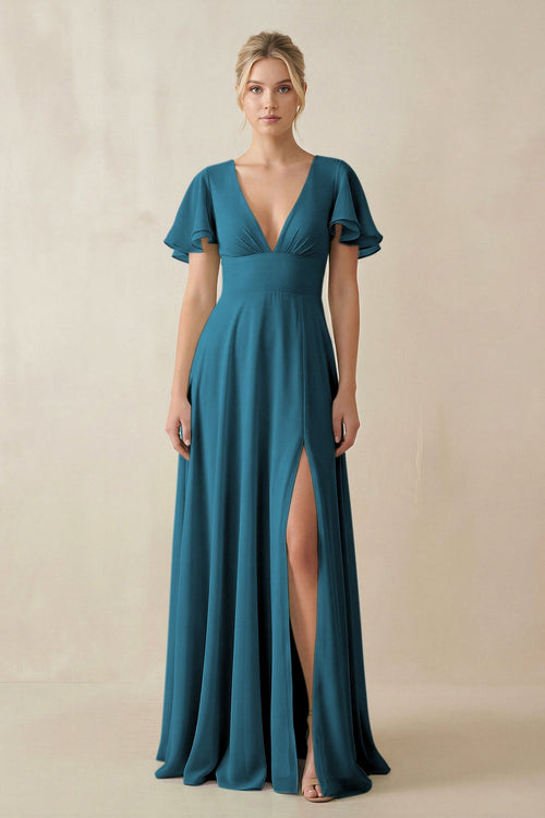 V - Neck Ruffled Short Sleeves A - Line Bridesmaid Dress in Dark Teal - SHE IS ME Bridesmaid Dresses