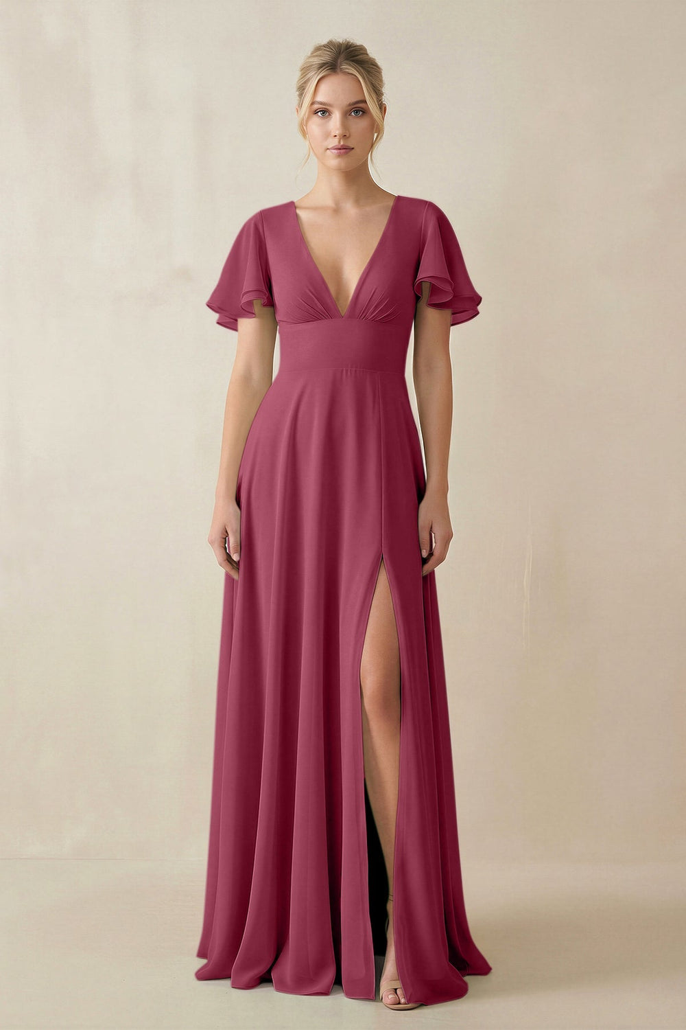 V - Neck Ruffled Short Sleeves A - Line Bridesmaid Dress in Desert Rose - SHE IS ME Bridesmaid Dresses