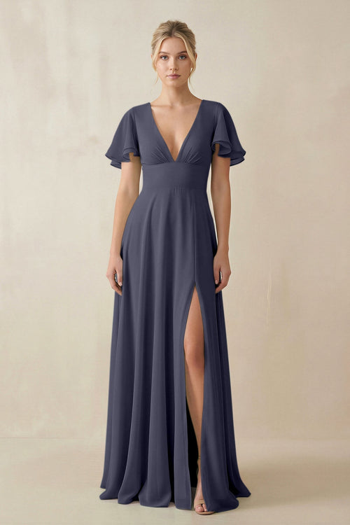 V - Neck Ruffled Short Sleeves A - Line Bridesmaid Dress in Dusk Blue - SHE IS ME Bridesmaid Dresses