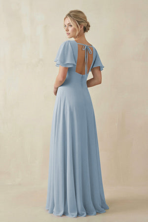 V - Neck Ruffled Short Sleeves A - Line Bridesmaid Dress in Dusty Blue - SHE IS ME Bridesmaid Dresses