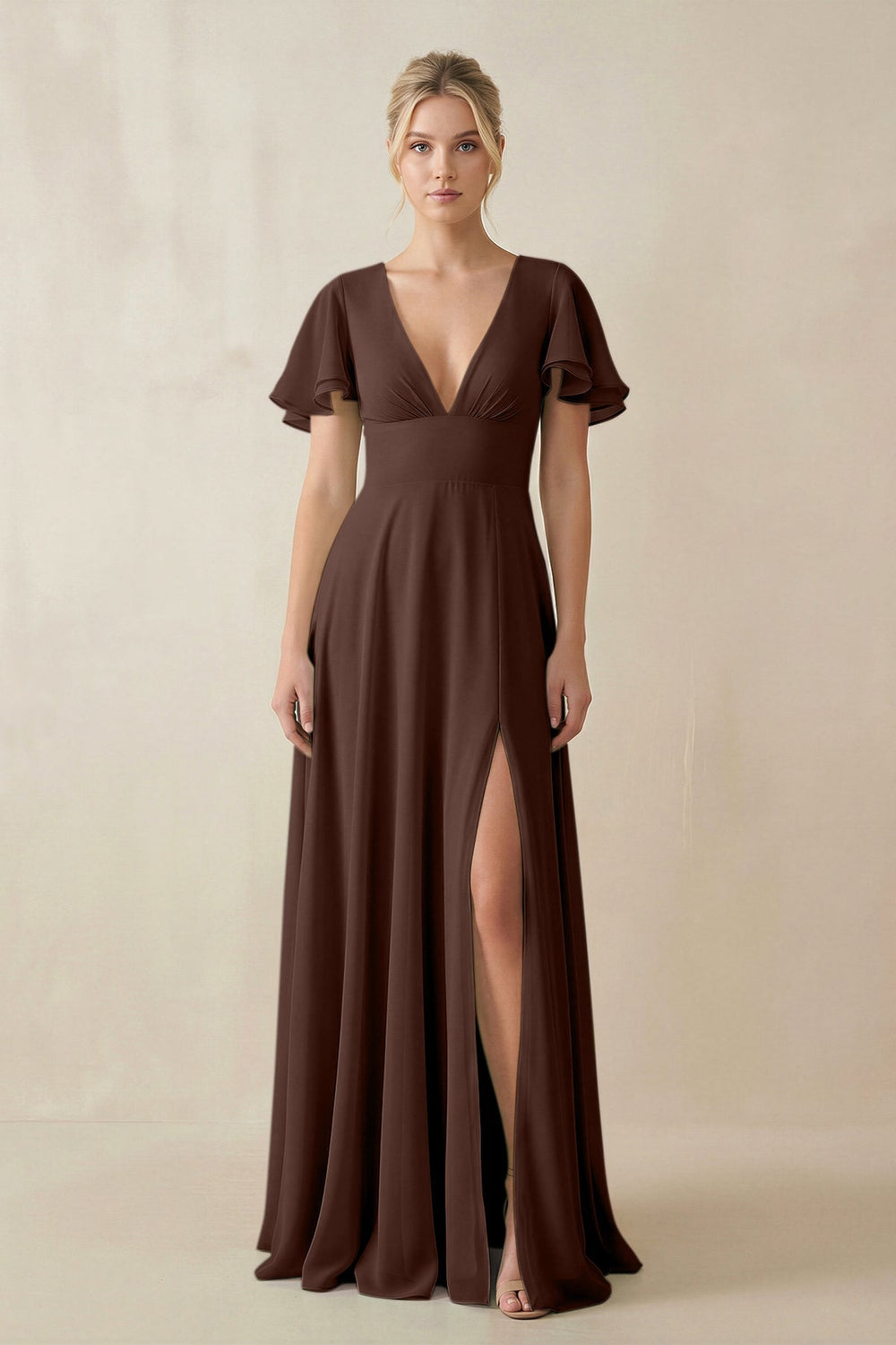 V - Neck Ruffled Short Sleeves A - Line Bridesmaid Dress in Espresso - SHE IS ME Bridesmaid Dresses