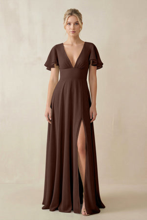 V - Neck Ruffled Short Sleeves A - Line Bridesmaid Dress in Espresso - SHE IS ME Bridesmaid Dresses