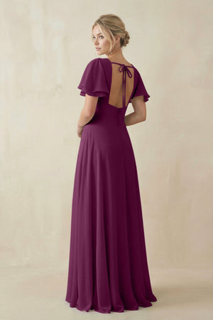 V - Neck Ruffled Short Sleeves A - Line Bridesmaid Dress in Fig - SHE IS ME Bridesmaid Dresses