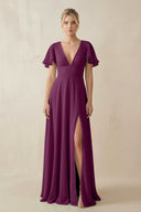 V - Neck Ruffled Short Sleeves A - Line Bridesmaid Dress in Fig - SHE IS ME Bridesmaid Dresses