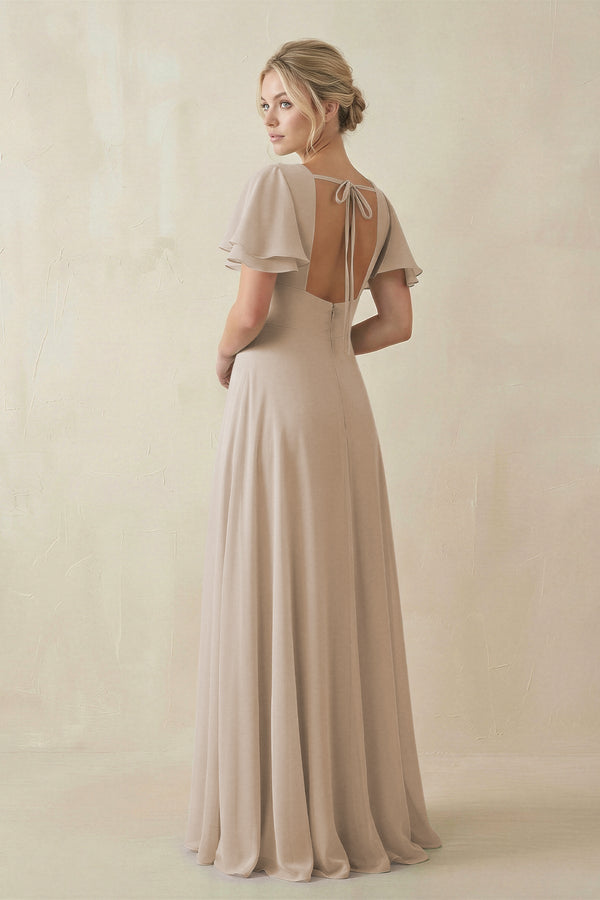 V - Neck Ruffled Short Sleeves A - Line Bridesmaid Dress in Frost - SHE IS ME Bridesmaid Dresses