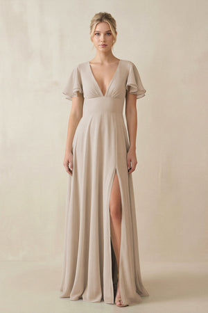 V - Neck Ruffled Short Sleeves A - Line Bridesmaid Dress in Frost - SHE IS ME Bridesmaid Dresses