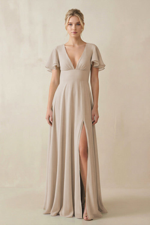 V - Neck Ruffled Short Sleeves A - Line Bridesmaid Dress in Frost - SHE IS ME Bridesmaid Dresses