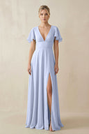 V - Neck Ruffled Short Sleeves A - Line Bridesmaid Dress in Ice - SHE IS ME Bridesmaid Dresses