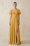 V - Neck Ruffled Short Sleeves A - Line Bridesmaid Dress in Marigold - SHE IS ME Bridesmaid Dresses