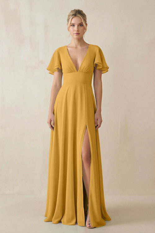 V - Neck Ruffled Short Sleeves A - Line Bridesmaid Dress in Marigold - SHE IS ME Bridesmaid Dresses