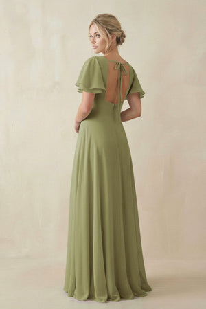 V - Neck Ruffled Short Sleeves A - Line Bridesmaid Dress in Moss Green - SHE IS ME Bridesmaid Dresses