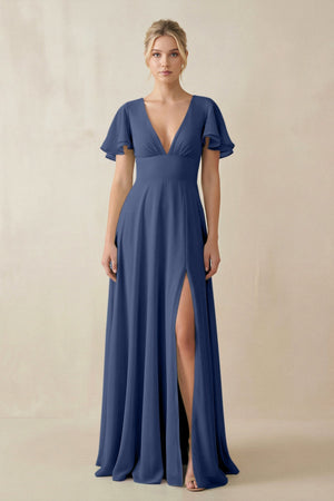 V - Neck Ruffled Short Sleeves A - Line Bridesmaid Dress in Navy - SHE IS ME Bridesmaid Dresses