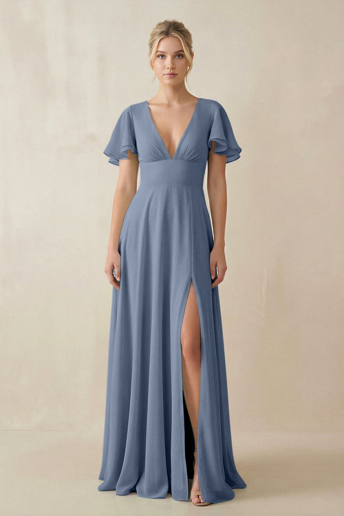 V - Neck Ruffled Short Sleeves A - Line Bridesmaid Dress in Neptune - SHE IS ME Bridesmaid Dresses