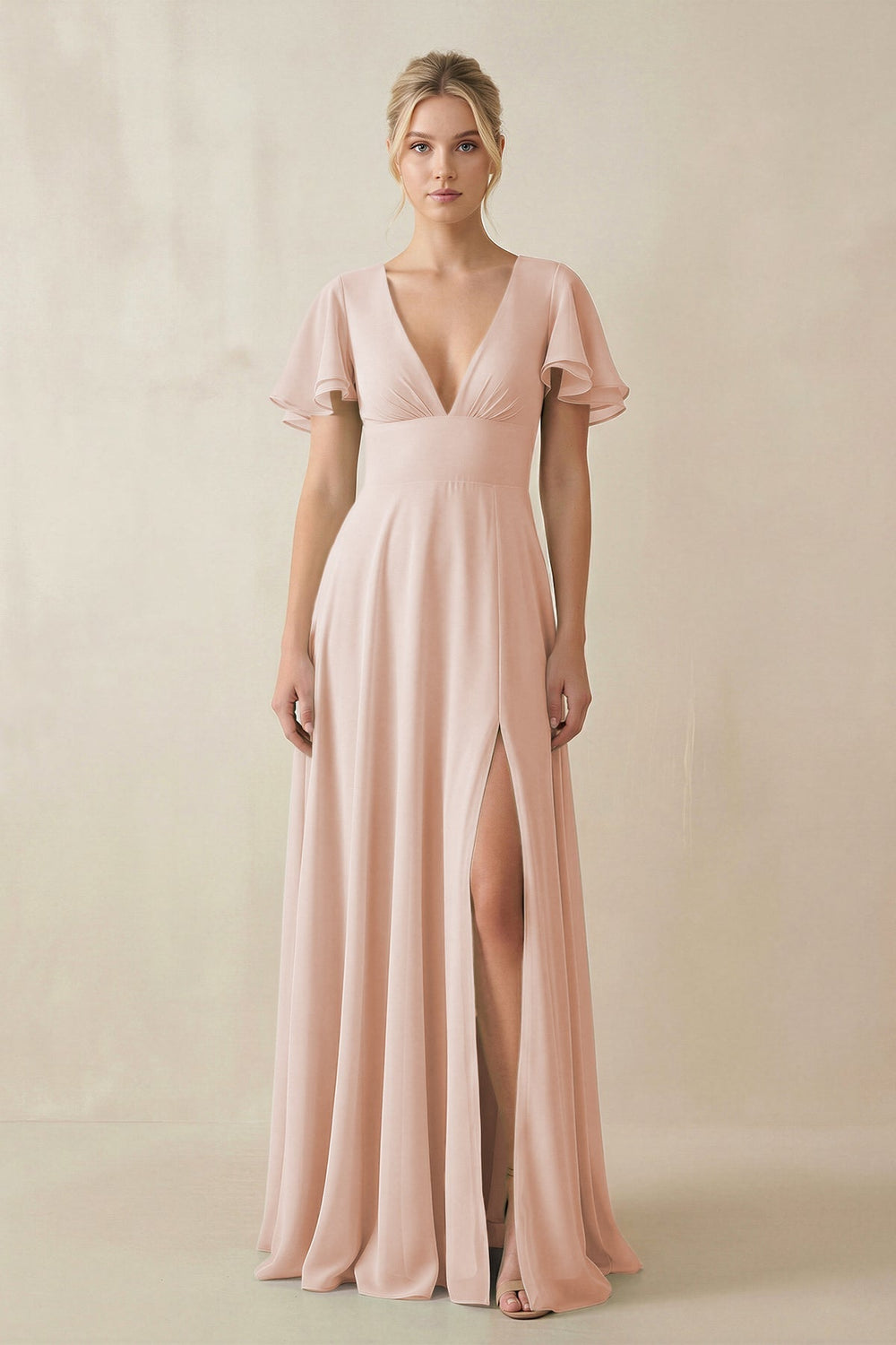V - Neck Ruffled Short Sleeves A - Line Bridesmaid Dress in Pale Blush - SHE IS ME Bridesmaid Dresses