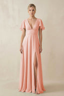 V - Neck Ruffled Short Sleeves A - Line Bridesmaid Dress in Rose Petal - SHE IS ME Bridesmaid Dresses