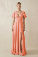V - Neck Ruffled Short Sleeves A - Line Bridesmaid Dress in Rosette - SHE IS ME Bridesmaid Dresses