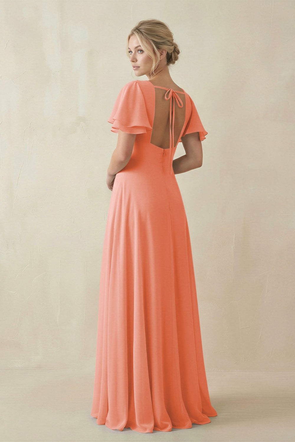 V - Neck Ruffled Short Sleeves A - Line Bridesmaid Dress in Rosette - SHE IS ME Bridesmaid Dresses