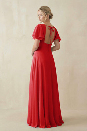 V - Neck Ruffled Short Sleeves A - Line Bridesmaid Dress in Ruby Red - SHE IS ME Bridesmaid Dresses