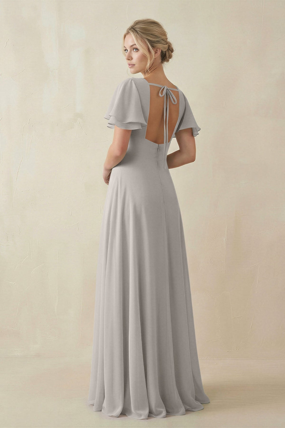 V - Neck Ruffled Short Sleeves A - Line Bridesmaid Dress in Silver - SHE IS ME Bridesmaid Dresses