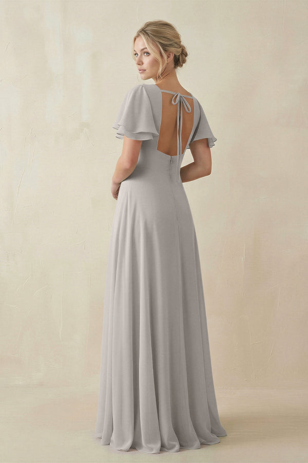 V - Neck Ruffled Short Sleeves A - Line Bridesmaid Dress in Silver - SHE IS ME Bridesmaid Dresses