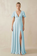 V - Neck Ruffled Short Sleeves A - Line Bridesmaid Dress in Sky Blue - SHE IS ME Bridesmaid Dresses