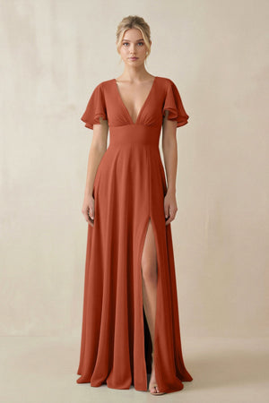 V - Neck Ruffled Short Sleeves A - Line Bridesmaid Dress in Spice - SHE IS ME Bridesmaid Dresses