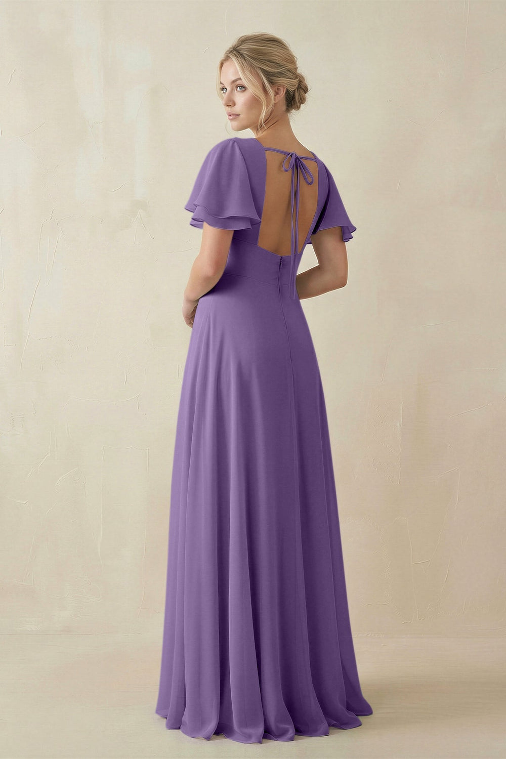 V - Neck Ruffled Short Sleeves A - Line Bridesmaid Dress in Tahiti - SHE IS ME Bridesmaid Dresses