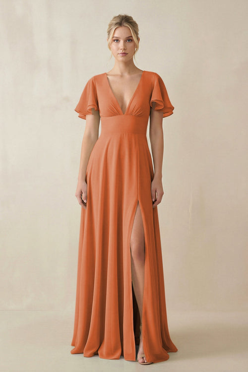 V - Neck Ruffled Short Sleeves A - Line Bridesmaid Dress in Terracotta - SHE IS ME Bridesmaid Dresses