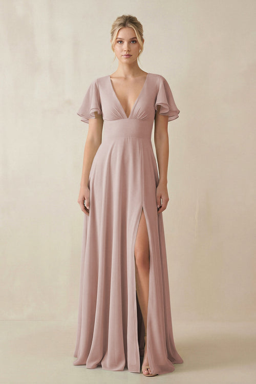 V - Neck Ruffled Short Sleeves A - Line Bridesmaid Dress in Toffee - SHE IS ME Bridesmaid Dresses