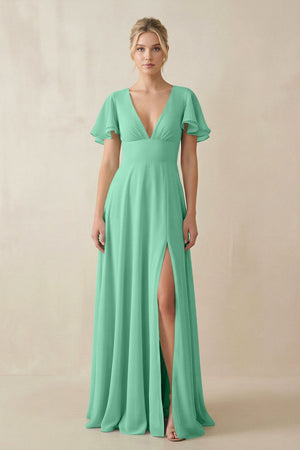 V - Neck Ruffled Short Sleeves A - Line Bridesmaid Dress in Turquoise - SHE IS ME Bridesmaid Dresses