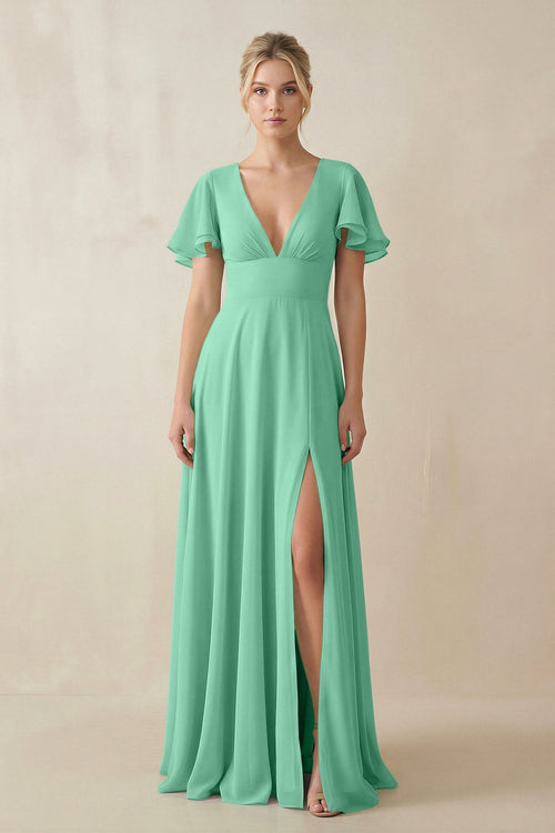 V - Neck Ruffled Short Sleeves A - Line Bridesmaid Dress in Turquoise - SHE IS ME Bridesmaid Dresses