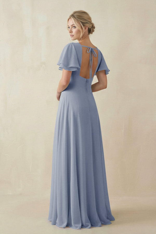 V - Neck Ruffled Short Sleeves A - Line Bridesmaid Dress in Twilight - SHE IS ME Bridesmaid Dresses