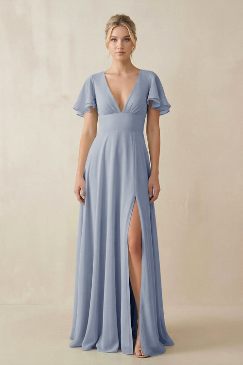 V - Neck Ruffled Short Sleeves A - Line Bridesmaid Dress in Twilight - SHE IS ME Bridesmaid Dresses