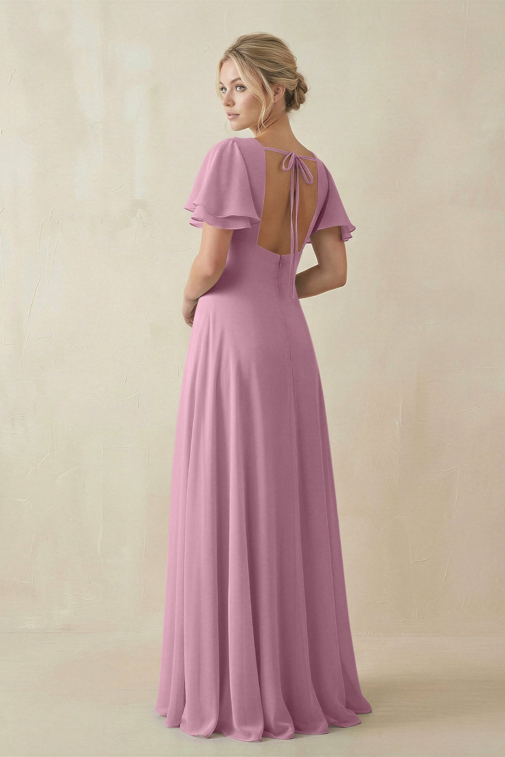 V - Neck Ruffled Short Sleeves A - Line Bridesmaid Dress in Vintage Mauve - SHE IS ME Bridesmaid Dresses