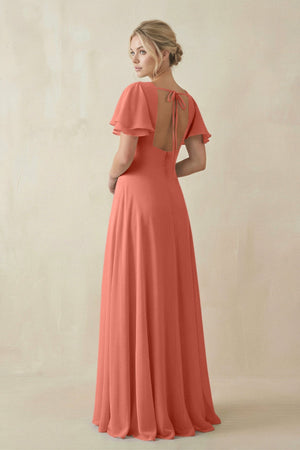 V - Neck Ruffled Short Sleeves A - Line Bridesmaid Dress in Wild Rose - SHE IS ME Bridesmaid Dresses