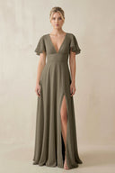 V - Neck Ruffled Short Sleeves A - Line Bridesmaid Dress in Willow Green - SHE IS ME Bridesmaid Dresses
