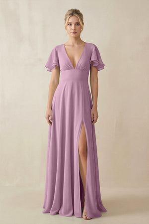 V - Neck Ruffled Short Sleeves A - Line Bridesmaid Dress in Wisteria - SHE IS ME Bridesmaid Dresses
