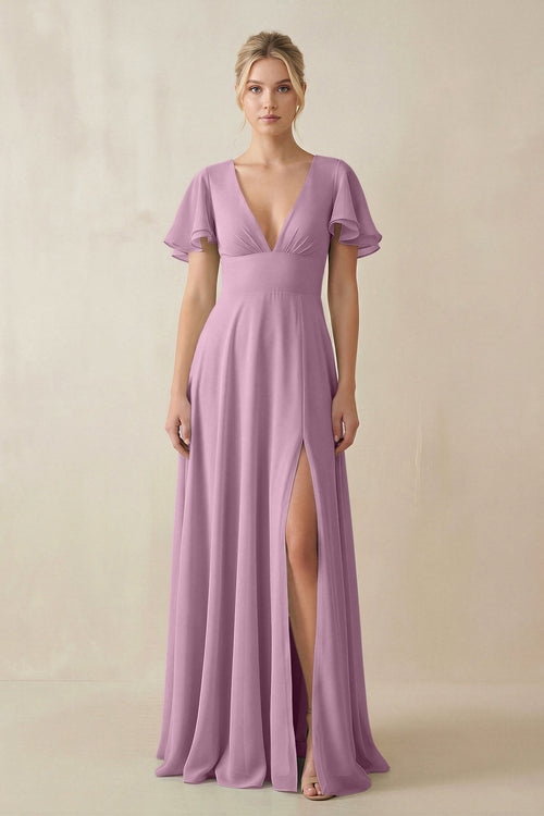 V - Neck Ruffled Short Sleeves A - Line Bridesmaid Dress in Wisteria - SHE IS ME Bridesmaid Dresses