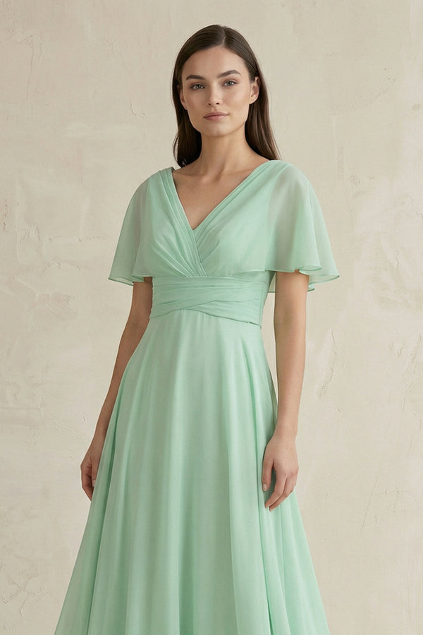 V-Neck Ruffled Sleeve A-Line Chiffon Bridesmaid Dress in Pale Pistachio - SHE IS ME BRIDESMAID DRESSES