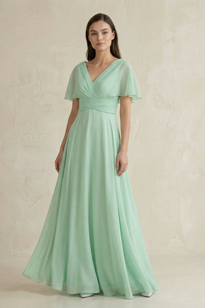 V-Neck Ruffled Sleeve A-Line Chiffon Bridesmaid Dress in Pale Pistachio - SHE IS ME BRIDESMAID DRESSES