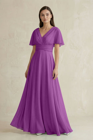 V - Neck Ruffled Sleeve A - Line Chiffon Bridesmaid Dress in Amethyst - SHE IS ME Bridesmaid Dresses