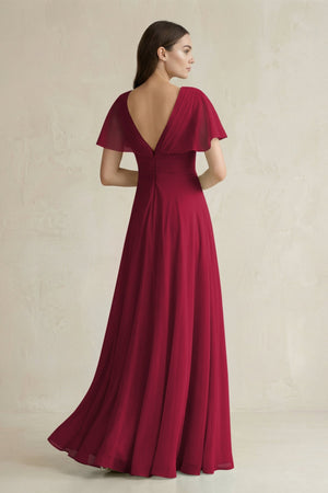 V - Neck Ruffled Sleeve A - Line Chiffon Bridesmaid Dress in Berry - SHE IS ME Bridesmaid Dresses