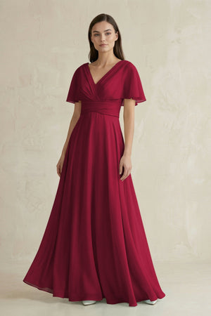 V - Neck Ruffled Sleeve A - Line Chiffon Bridesmaid Dress in Berry - SHE IS ME Bridesmaid Dresses