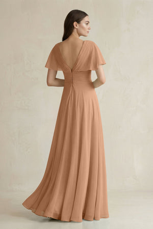 V - Neck Ruffled Sleeve A - Line Chiffon Bridesmaid Dress in Bronzer - SHE IS ME Bridesmaid Dresses